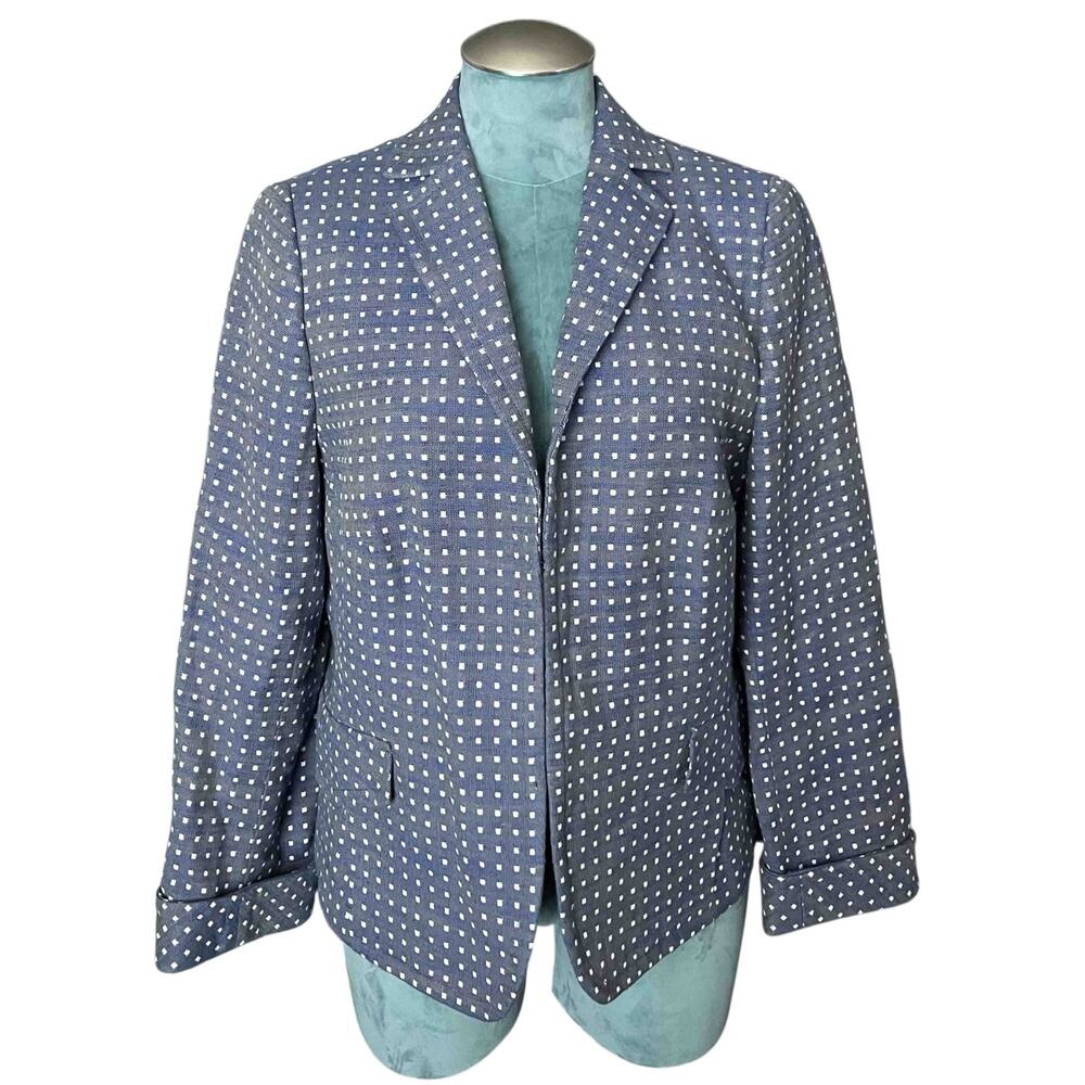 Akris Punto Cuffed Sleeve Open Blazer Blue White Square Dot Linen-Blend Size 14